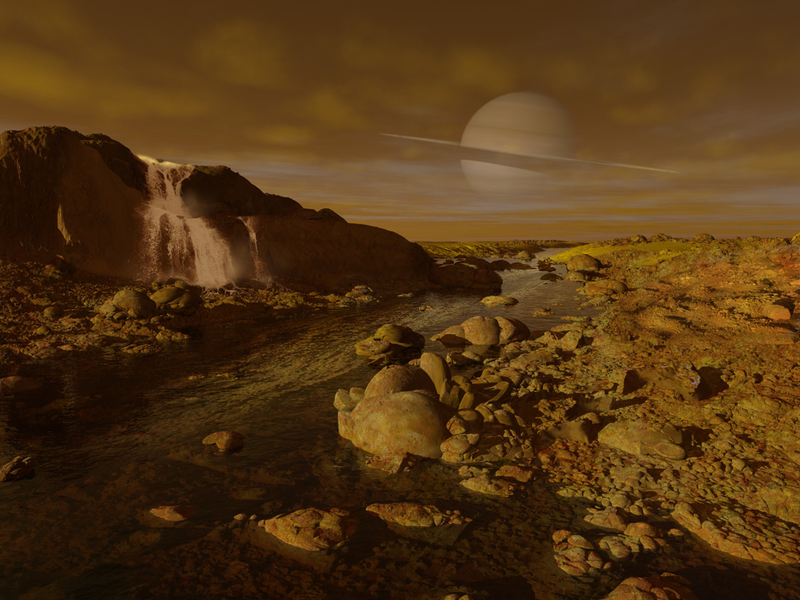 Illustration for article titled Gorgeous illustrations of what it would look like to stroll along Titan's methane rivers